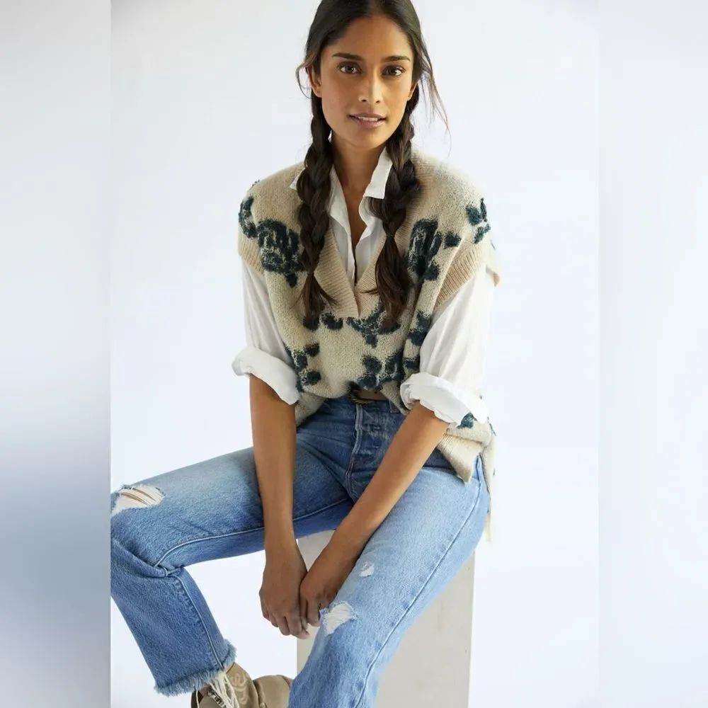 Anthropologie Distressed Floral Sweater Vest NWT